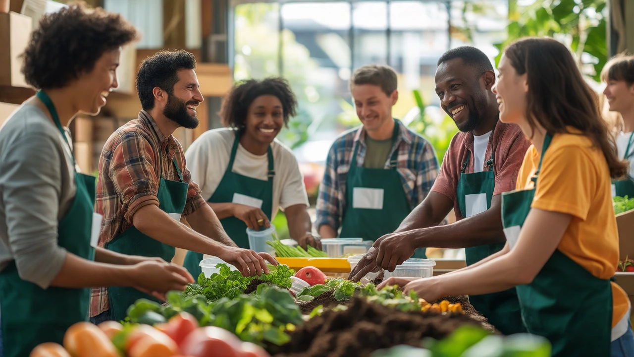 Volunteers laughing and working together at a community food bank.